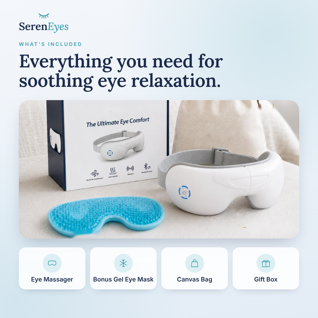 What's included: eye massager, bonus gel eye mask, canvas bag and gift box